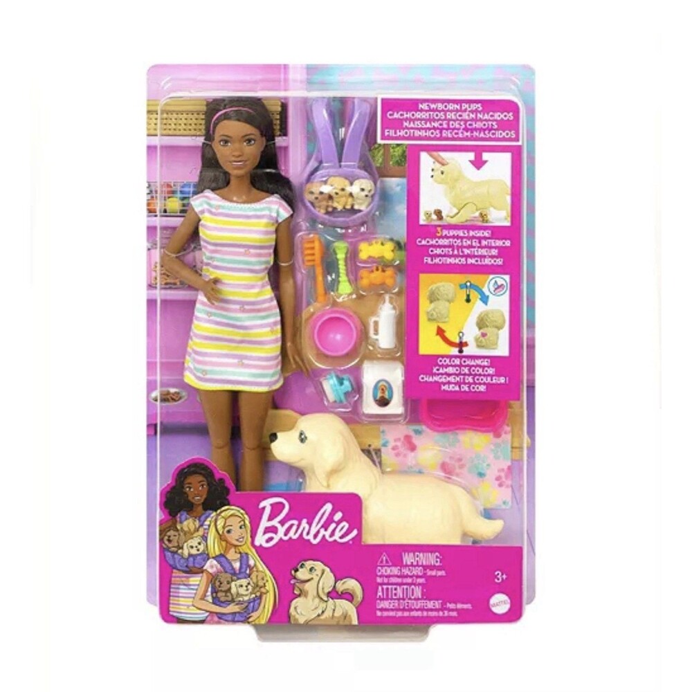 Barbie Newborn Pups Playset Brunette Doll Mommy Dog 3 Puppies Set